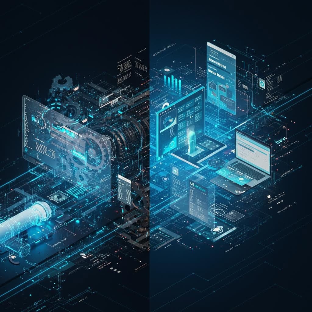 미래형 기술 인프라의 복잡한 아이소메트릭 뷰. 기계 부품, 데이터 파이프라인, 홀로그램 디스플레이, 분석 대시보드가 다층 구조로 배치되어 있으며, 청록색 네온 조명으로 상호 연결된 시스템을 강조함