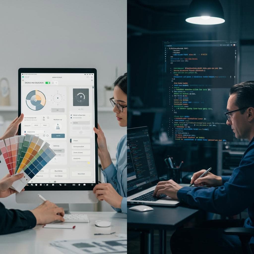 디자이너와 개발자의 협업 장면을 대비한 분할 화면. 왼쪽에는 태블릿으로 UI/UX 디자인과 색상 팔레트를 검토하는 디자이너, 오른쪽에는 대형 모니터에서 코드를 작성하는 개발자가 있어 디자인과 개발의 통합 작업 흐름을 보여줌