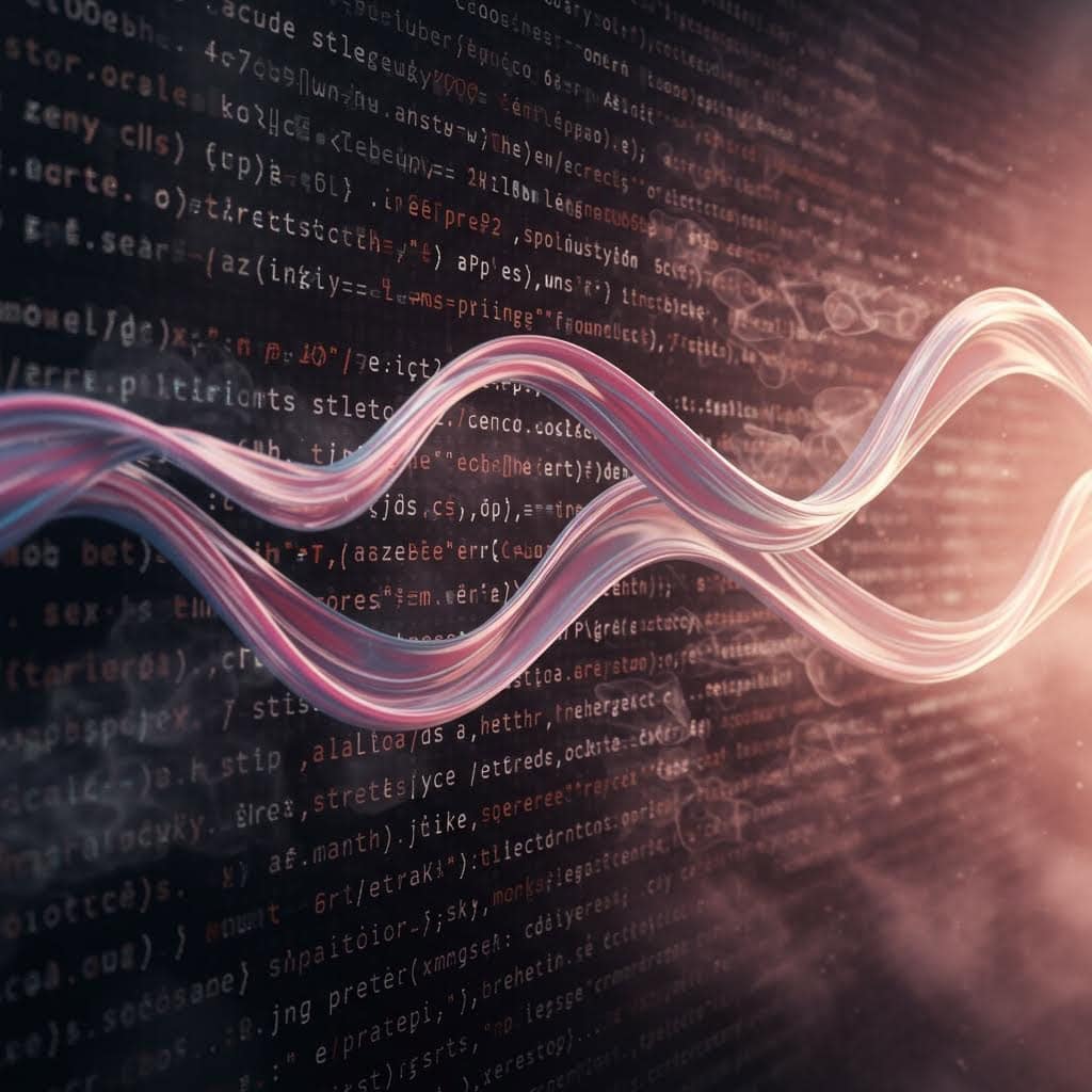 프로그래밍 코드 배경 위로 흐르는 반투명한 물결 모양의 웨이브. 분홍색과 흰색의 부드러운 곡선이 데이터 흐름과 알고리즘 처리를 시각적으로 표현하며, 배경의 코드는 흐릿하게 처리됨