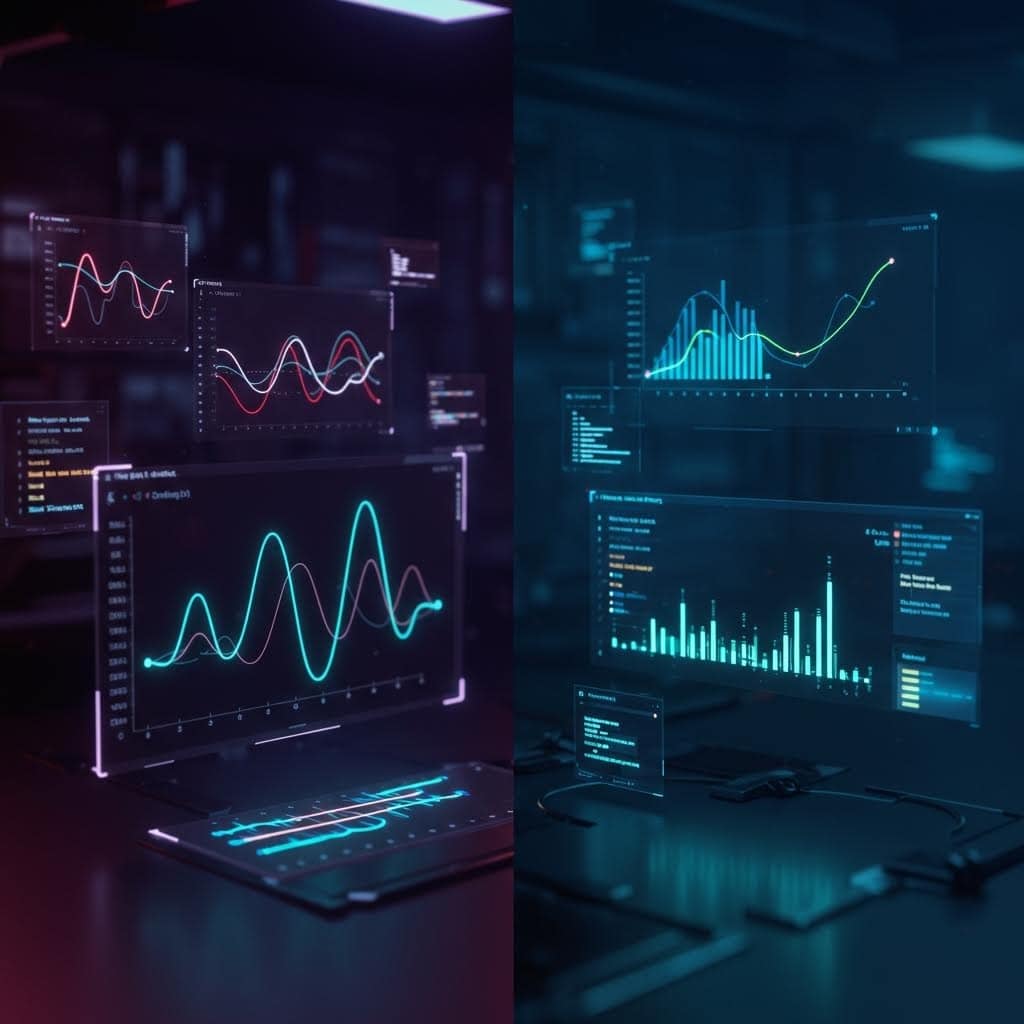 듀얼 모니터 설정의 데이터 분석 대시보드. 왼쪽 화면은 보라색/분홍색 톤의 물결형 차트와 그래프를, 오른쪽 화면은 청록색 톤의 막대 그래프와 상승 곡선을 표시. 두 화면 모두 복잡한 데이터 시각화와 분석 도구를 보여줌