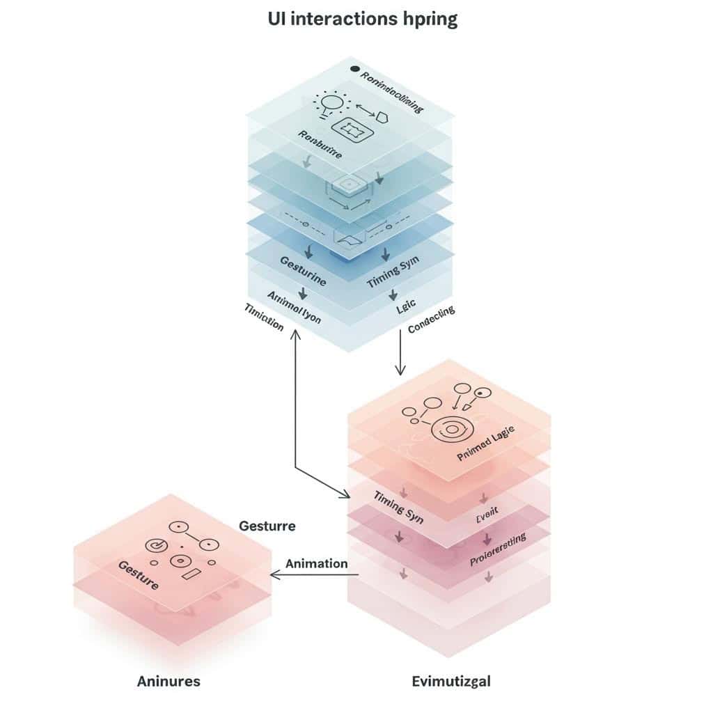 UI 인터랙션 hpring(스프링) 계층 구조를 보여주는 아이소메트릭 다이어그램. 상단의 청록색 레이어들은 라우팅/바인딩, iRepuptive, 제스처, 타이밍 심볼, 애니메이션 등을 포함하며, 하단의 핑크색 레이어들은 제스처(Aninures)와 애니메이션(Evimutizgal)로 분기됨