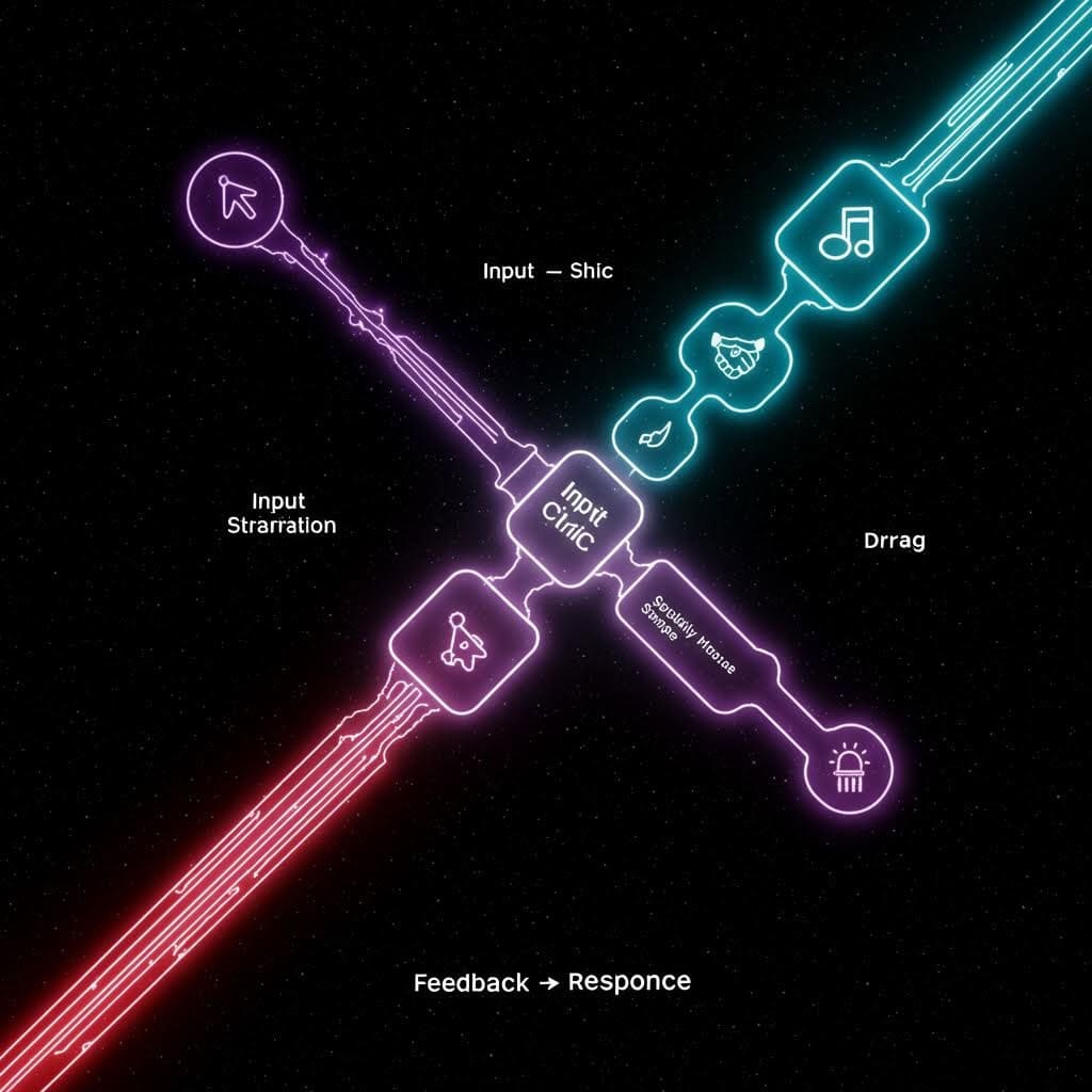 네온 스타일의 입력 상호작용 플로우 다이어그램. 보라색 커서 아이콘에서 시작하여 'Input Clic' 중앙 노드를 통해 세 방향으로 분기: 입력 계층화(Input Stramation), 입력-Shic, 그리고 청록색의 드래그(Drrag) 경로로 음악, 악수, 삭제 아이콘까지 연결됨. 하단에 피드백-응답(Feedback-Responce) 경로가 있음