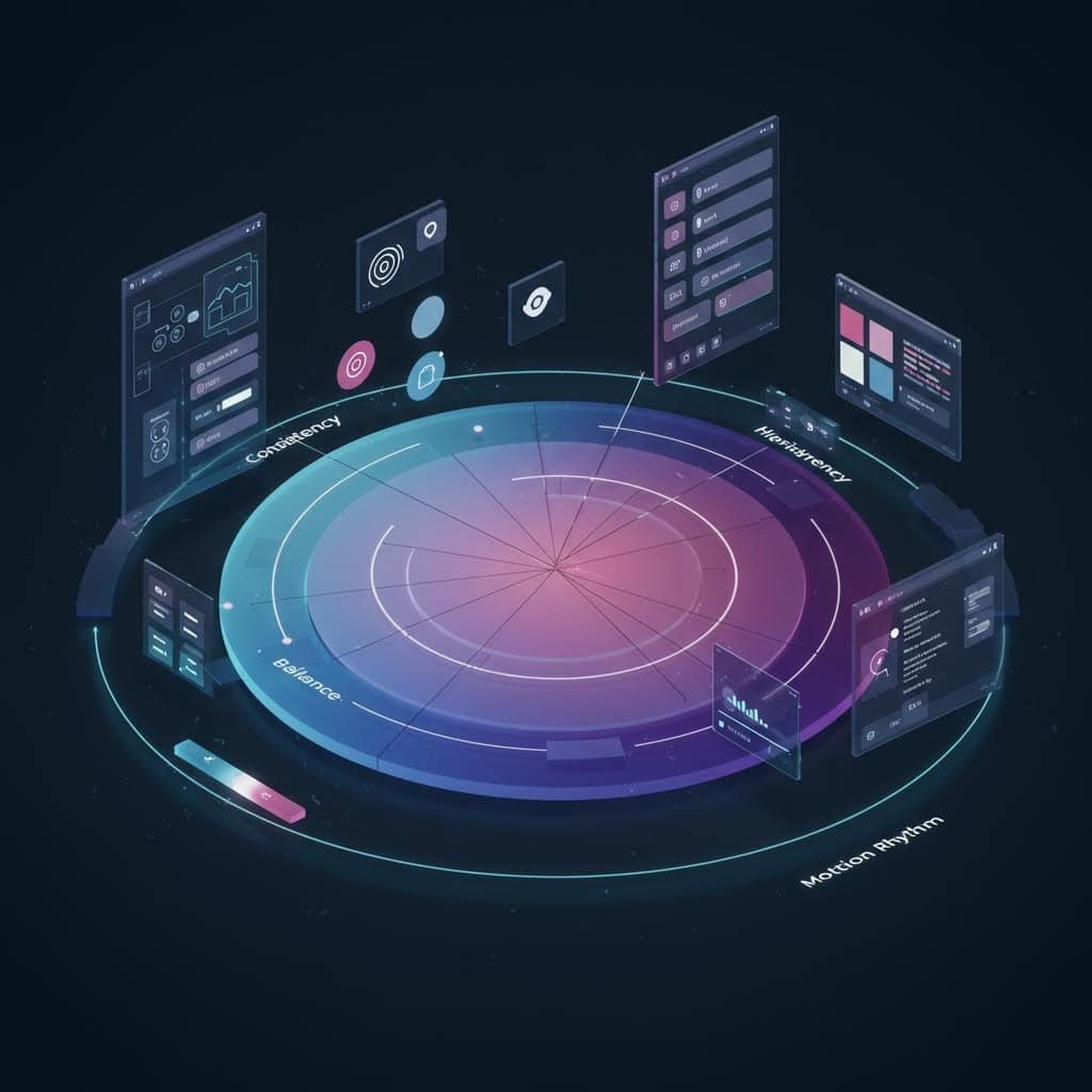 사용자 경험 디자인의 세 가지 핵심 요소를 보여주는 3D 원형 다이어그램. 일관성(Consistency), 투명성(Transparency), 균형(Balance), 모션 리듬(Motion Rhythm)이 청록색과 보라색 그라데이션으로 표현되며, 주변에 다양한 UI 인터페이스 패널들이 배치됨