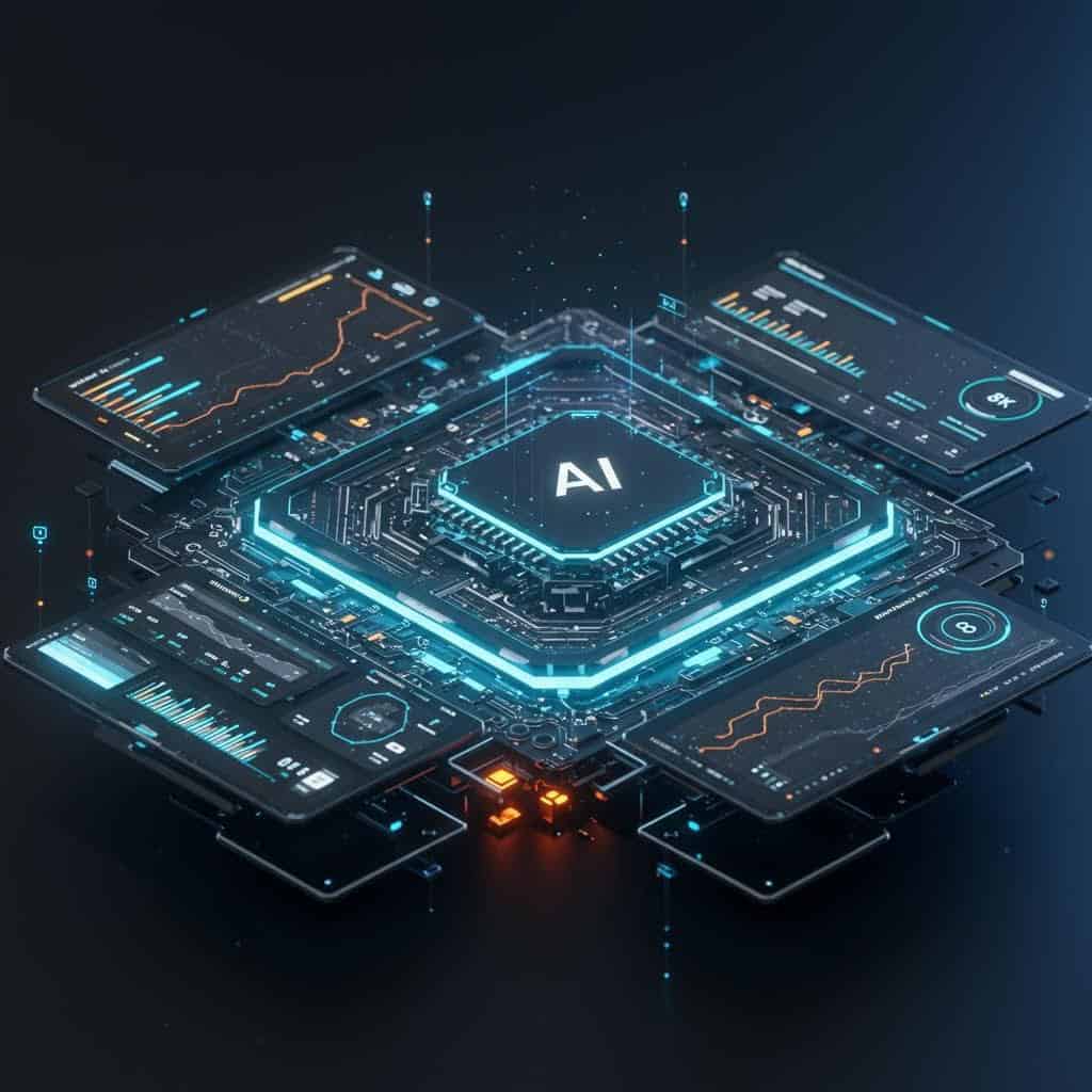 중앙에 'AI'라고 표시된 차세대 인공지능 칩의 아이소메트릭 뷰. 복잡한 회로 기판과 함께 여러 투명한 디스플레이 패널에 실시간 데이터 분석, 그래프, 차트가 표시되어 있으며 청록색 네온 조명으로 강조됨