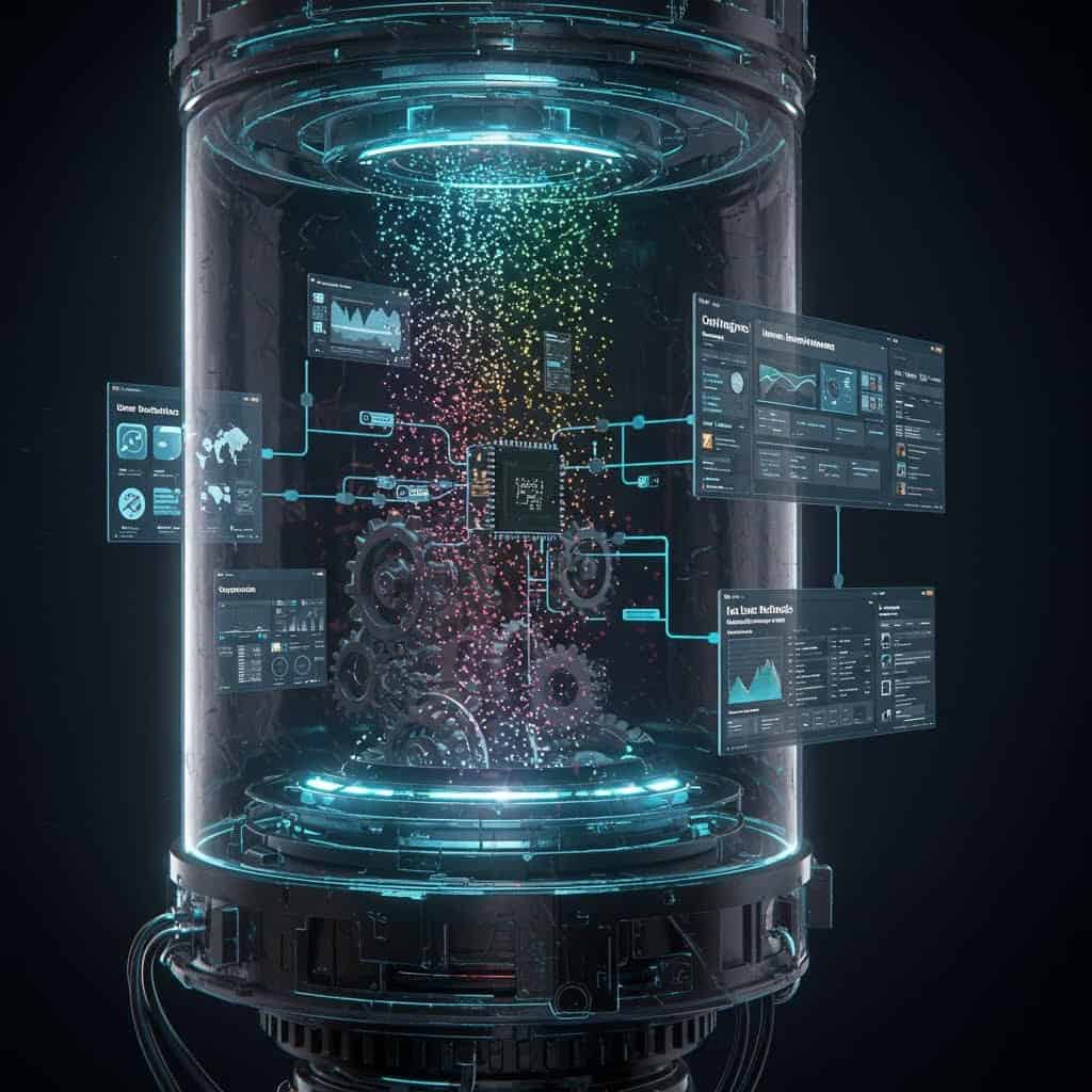 투명한 원통형 챔버 안에 있는 미래형 AI 프로세싱 시스템. 중앙에 홀로그램 데이터 입자들이 무지개색으로 흐르고, 주변에 데이터 시각화 패널, 암호화폐 통계, 위협 탐지 대시보드 등 여러 홀로그램 인터페이스가 떠 있음