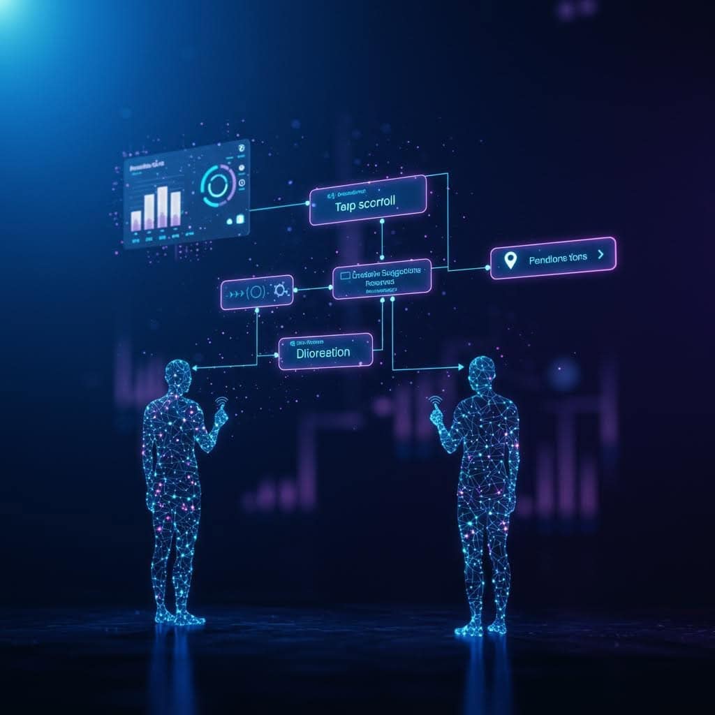 두 명의 디지털 휴먼 홀로그램이 서로 상호작용하는 모습. 중앙에 '탭 스크롤', '창조적 가교 역할 응답', '방향 전환', '위치 톤' 등의 워크플로우가 네온 보라색으로 표시된 인터랙티브 다이어그램이 있음