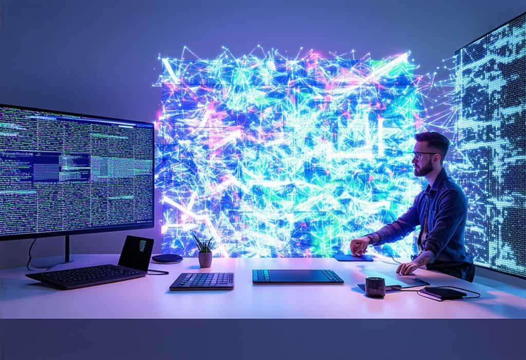 3D 네트워크 노드 시각화와 빅데이터 연결망을 나타내는 다채로운 홀로그램 큐브를 조작하는 데이터 과학자