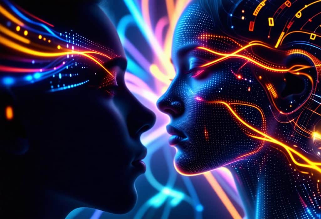 금색과 핑크색 네온 데이터 스트림이 얼굴을 가로질러 흐르는 서로 마주보는 두 개의 디지털 인간 프로필