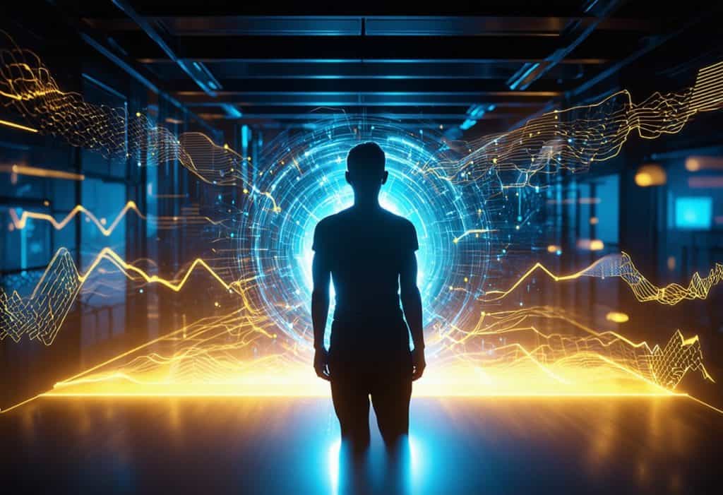 청록색과 금색의 데이터 시각화 및 네트워크 연결선이 있는 미래형 디지털 환경 앞에 서 있는 사람의 실루엣