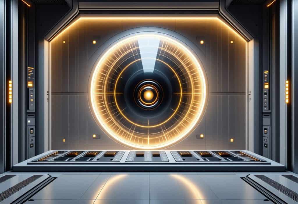 금색 LED 조명이 있는 동심원 포털 디자인을 보여주는 미래형 SF 방 인테리어