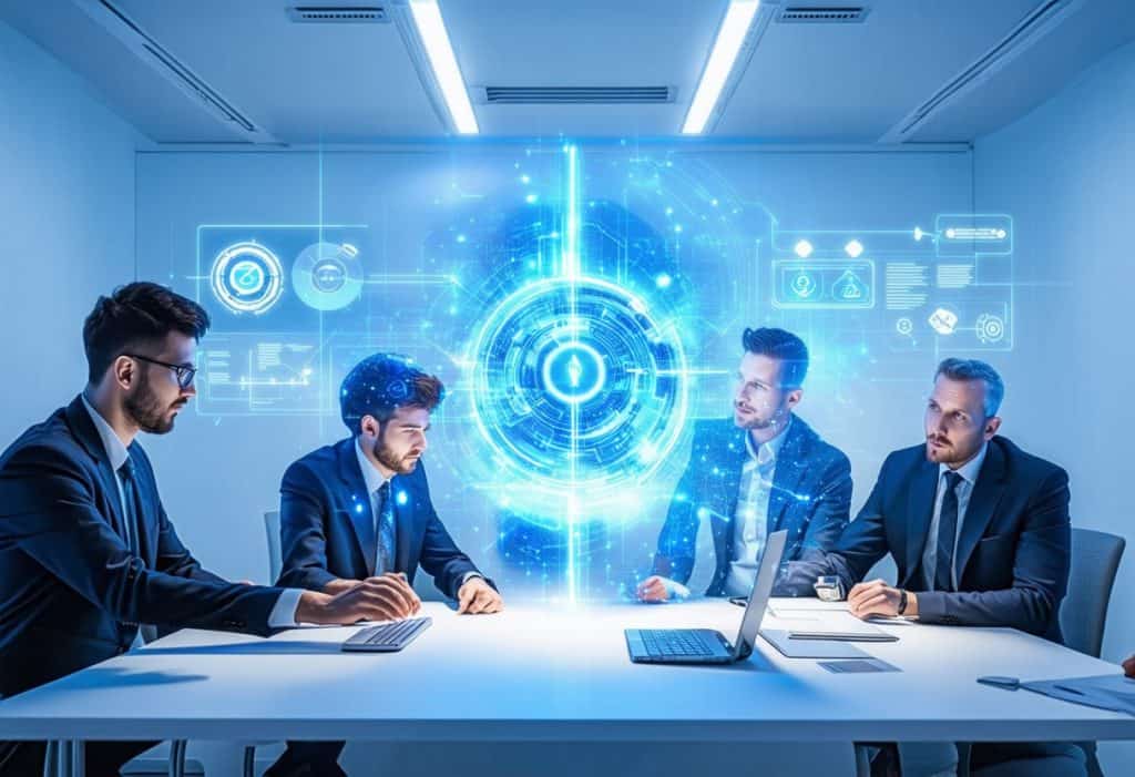 홀로그램 디지털 인터페이스와 보안 아이콘이 투영된 현대적인 회의실에서 비즈니스 미팅을 하는 정장 차림의 전문가들