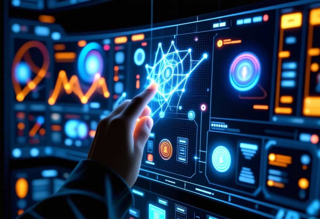 청록색과 오렌지색 데이터 대시보드와 네트워크 다이어그램을 가리키는 손이 있는 인터랙티브 터치스크린 인터페이스