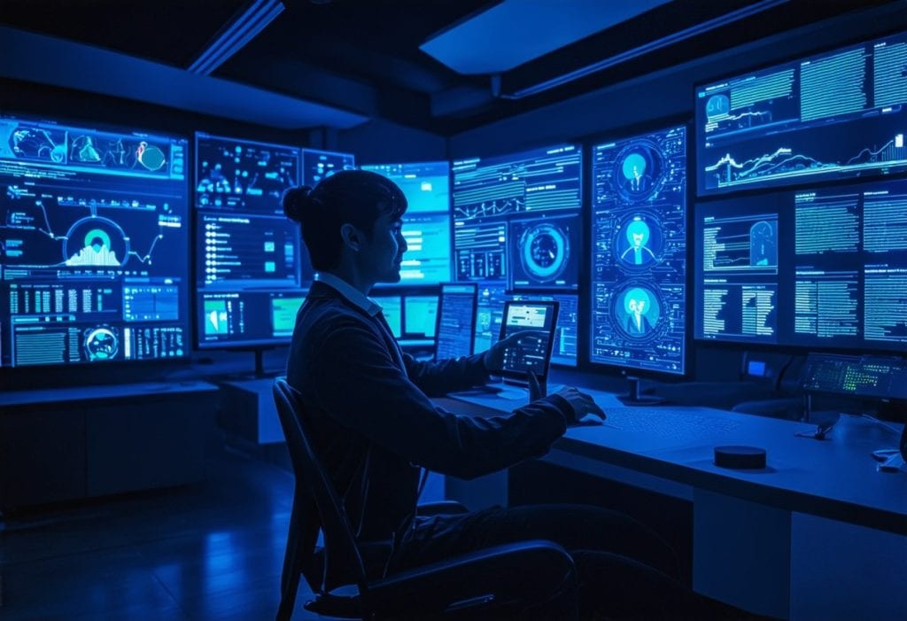 사이버 보안 대시보드, 데이터 분석, 시스템 모니터링 인터페이스가 표시된 다중 모니터 앞에서 작업하는 IT 전문가