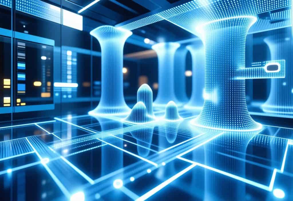 미래형 공간에서 빛나는 네트워크 그리드 위에 놓인 청록색 홀로그램 체스 말