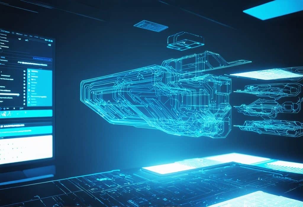 홀로그램 로봇 팔의 와이어프레임 3D 청사진과 기술 인터페이스가 있는 미래형 엔지니어링 설계 워크스테이션