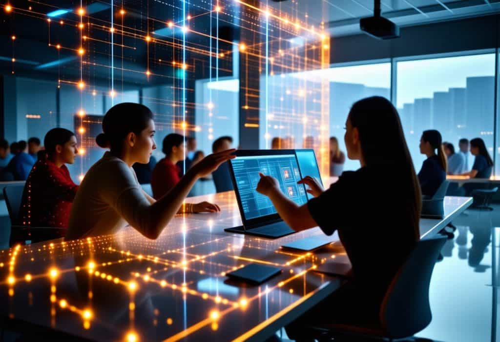 홀로그램 데이터 네트워크 오버레이가 있는 현대적인 회의실에서 노트북으로 협업하는 비즈니스 전문가들