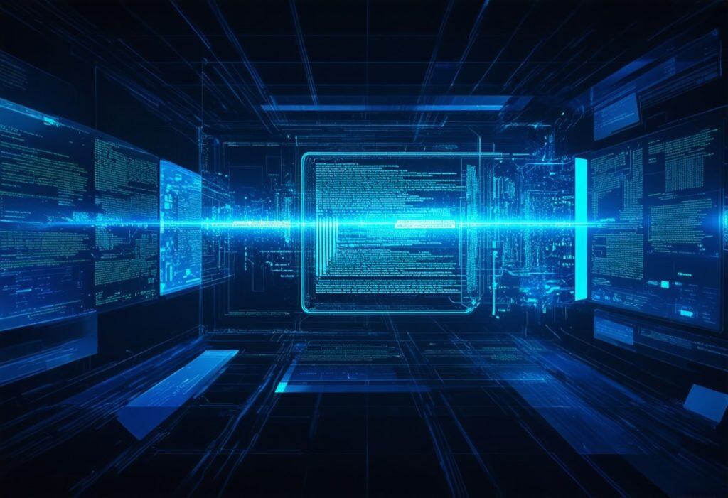 청록색 네온 불빛과 코드 화면이 둘러싼 가상 공간에서 중앙의 디지털 패널을 향해 뻗은 빛의 통로