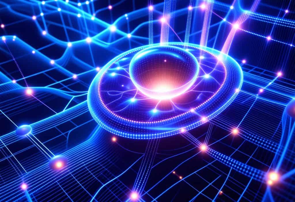 청록색과 보라색 네온 링으로 둘러싸인 중앙의 발광하는 핵심 노드가 있는 디지털 네트워크 허브 시각화