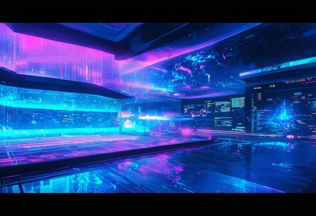 네온 핑크와 청록색 조명 효과, 데이터 스트림, 홀로그램 인터페이스가 있는 사이버펑크 스타일의 미래형 데이터 센터