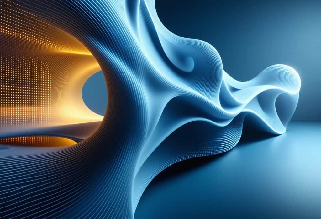 금색 발광 LED와 청록색 유동적인 곡선 형태를 가진 추상적인 3D 디지털 조각