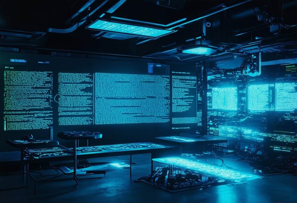 코드와 데이터가 표시된 여러 대의 모니터와 투명한 디스플레이 패널이 있는 어두운 청색 조명의 첨단 기술 통제실