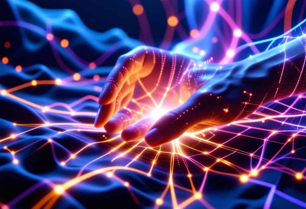 오렌지와 핑크, 청색 네트워크 연결선 위로 뻗은 디지털 손이 있는 신경망 및 연결성 개념 시각화