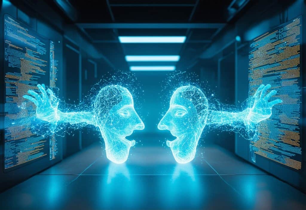 양쪽에 코딩 화면이 있는 데이터센터 복도에서 서로 마주보며 데이터를 교환하는 청록색 네온의 두 개의 디지털 인간 얼굴