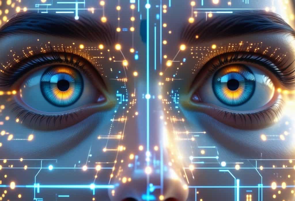 청록색과 금색 회로 오버레이와 데이터 포인트로 둘러싸인 강렬한 청색 눈의 클로즈업