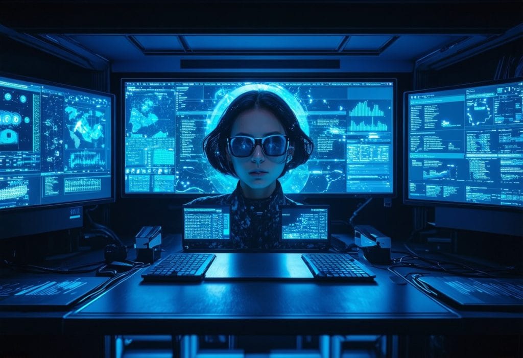 세계 지도, 데이터 차트, 코드가 표시된 다중 모니터 앞 어두운 사이버 보안 지휘 센터에 앉아 있는 선글라스를 낀 여성