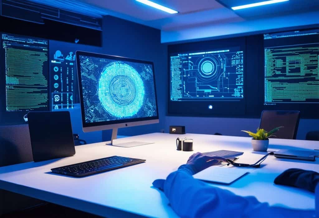 지문 스캔 및 사이버 보안 인터페이스가 표시된 여러 대의 모니터가 있는 청색 조명의 보안 운영 센터