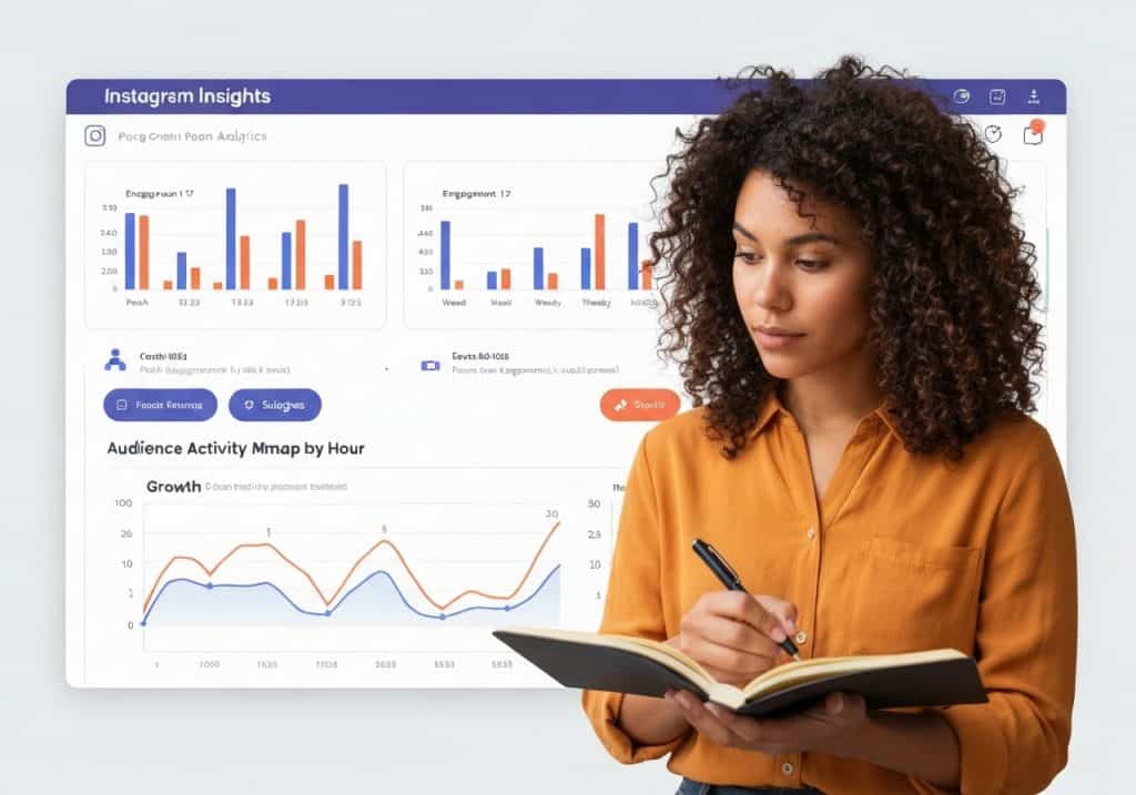 Instagram Insights 대시보드를 분석하며 노트에 메모하는 여성