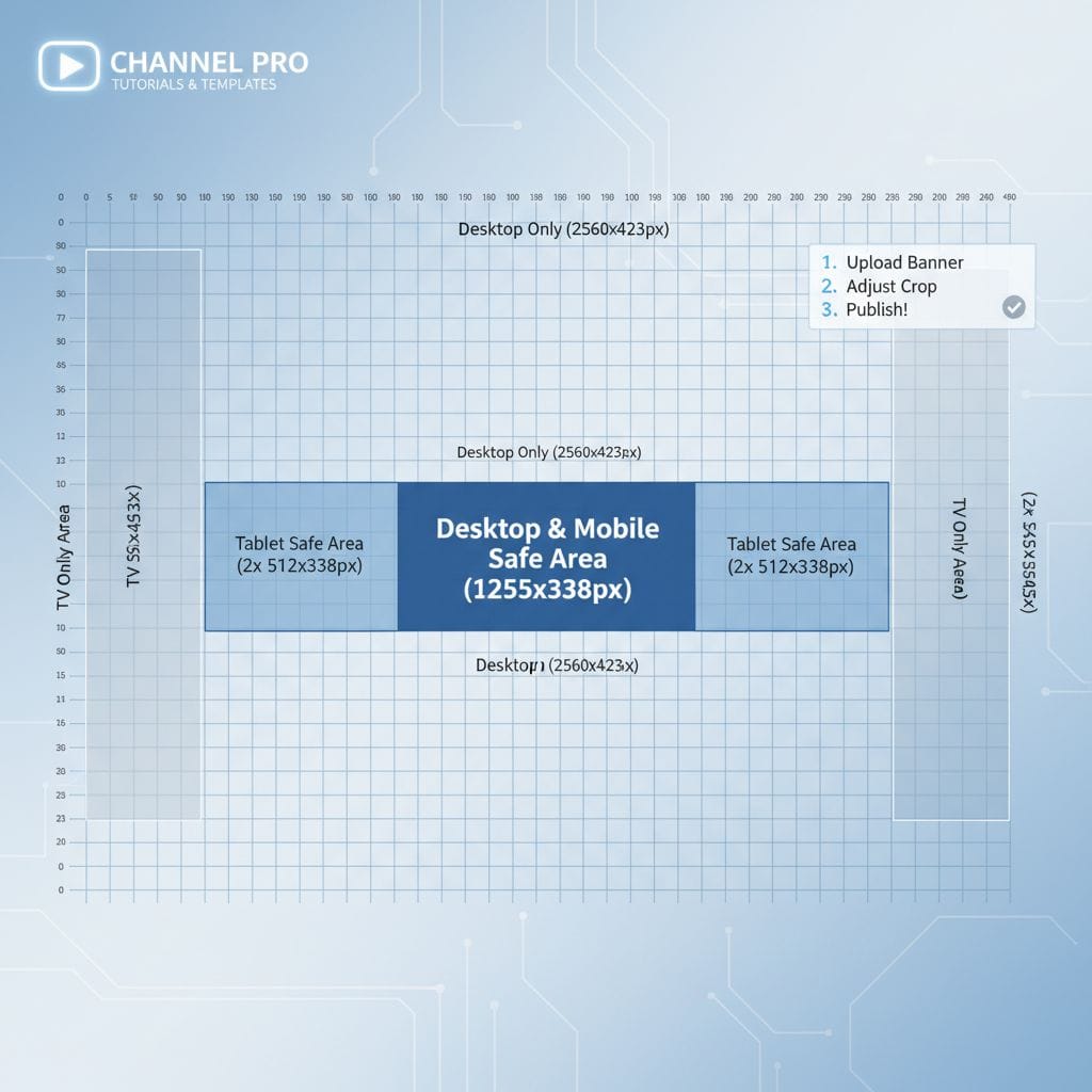 YouTube 채널 배너의 데스크톱 및 모바일 안전 영역을 표시한 기술 가이드