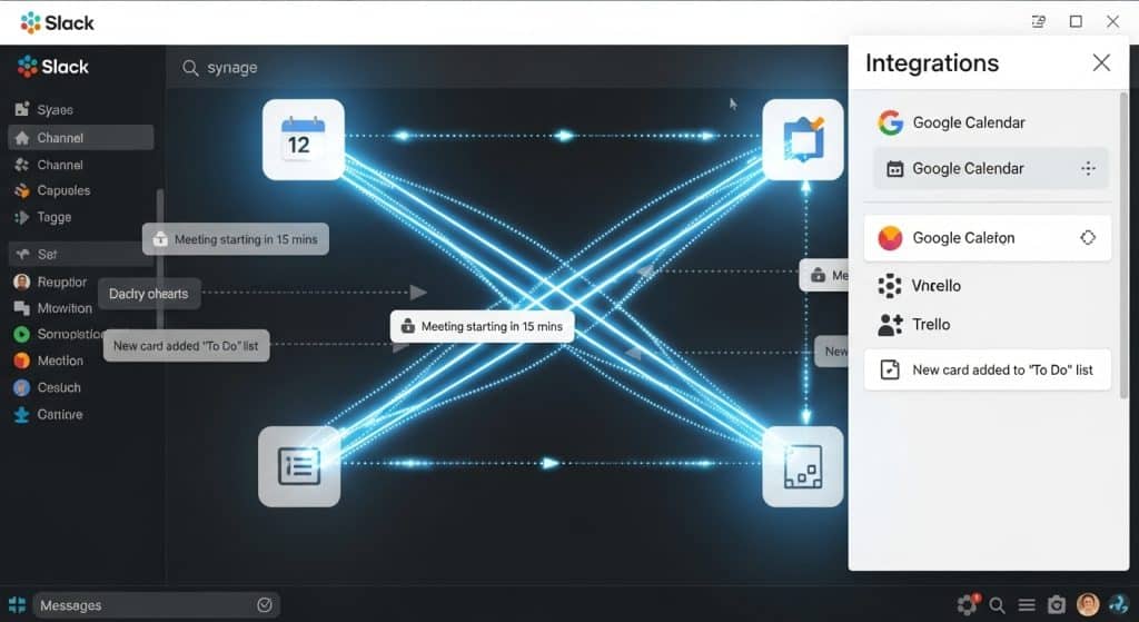 Slack 워크스페이스의 통합 기능 화면으로 Google Calendar, Trello, Vncello 등 다양한 앱 연동 인터페이스