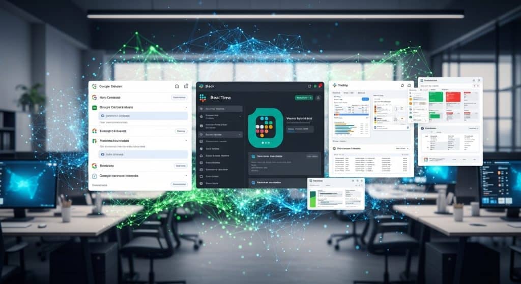 네트워크로 연결된 여러 비즈니스 애플리케이션 인터페이스가 표시된 현대적인 사무실 환경