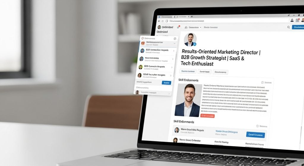 B2B 마케팅 디렉터 프로필이 표시된 LinkedIn 최적화 플랫폼 화면