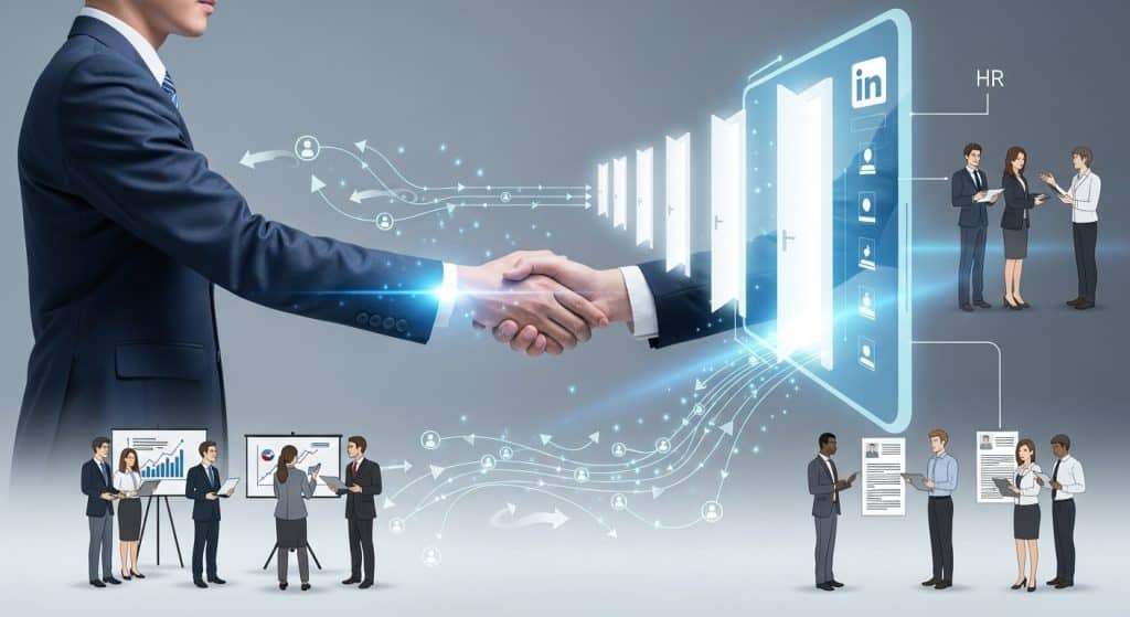 디지털 네트워크를 통한 비즈니스 파트너십과 HR 프로세스를 시각화한 개념 이미지