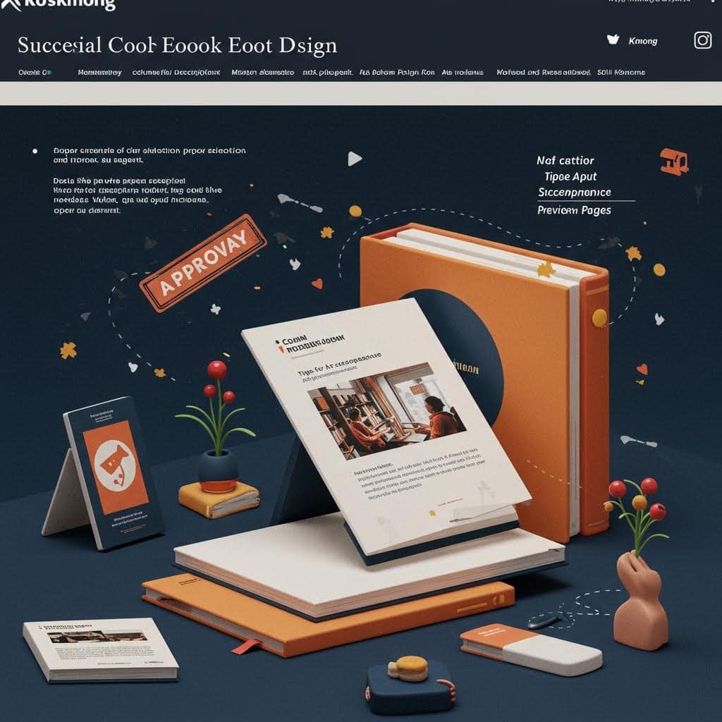 전자책 출판 디자인 프로세스를 보여주는 3D 렌더링 이미지