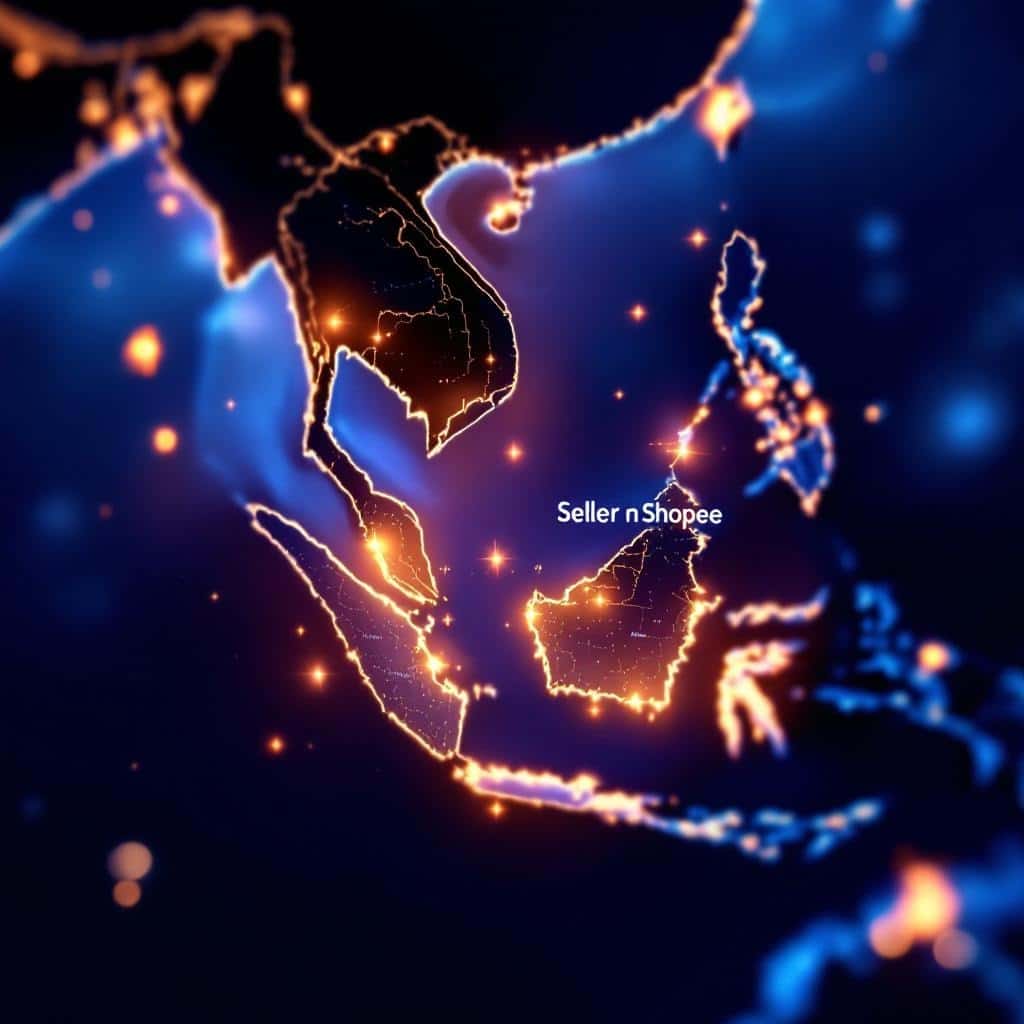 빛나는 네트워크로 연결된 동남아시아 지도와 Shopee 판매자 개념
