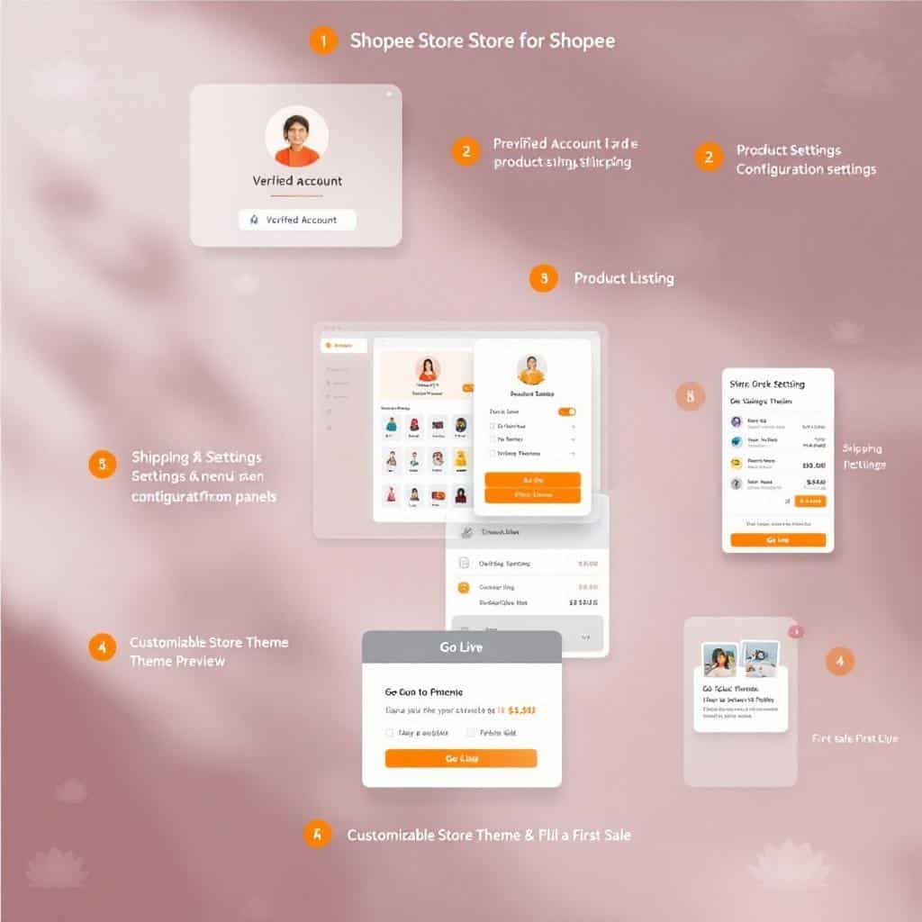 Shopee 스토어 설정 및 상품 등록 프로세스를 단계별로 보여주는 인포그래픽