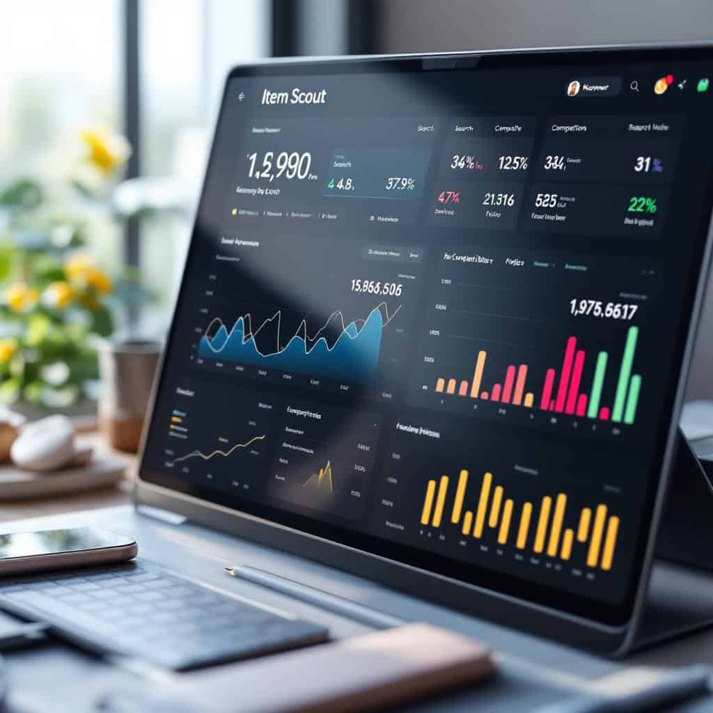 Item Scout 분석 플랫폼의 상세한 판매 데이터와 차트가 표시된 노트북 화면