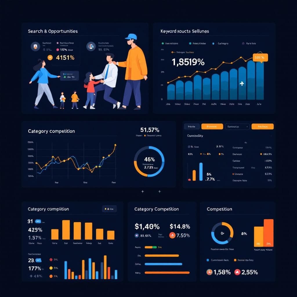 검색 기회, 키워드 제품 판매 및 카테고리 경쟁 분석을 보여주는 전자상거래 분석 대시보드